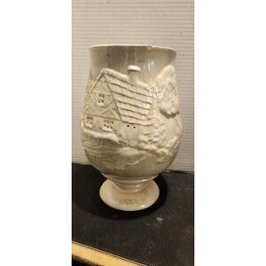 Vintage Iridescent Lusterware Vase – Cottage Scene Relief 10” Ceramic